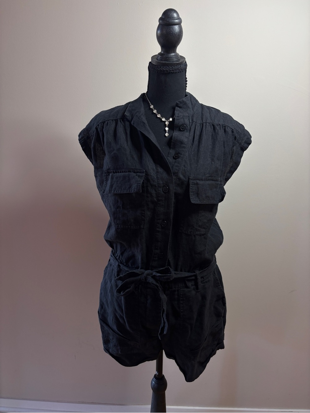 FRAME Black Linen Utility Tie Waist Sleeveless Romper with Button Front